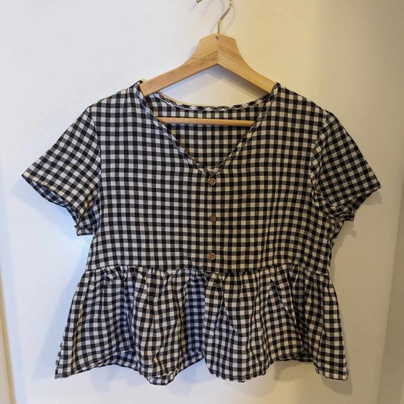 ⚡ Cotton-Blend Gingham Blouse with Wooden Buttons *flaw* Picnic Cottagecore Vibe - Picture 4 of 6